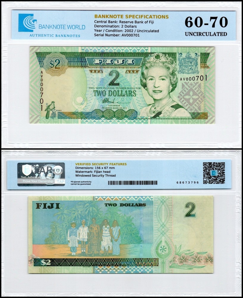 Fiji 2 Dollars, 2002 ND, P-104, UNC, Authenticated Banknote