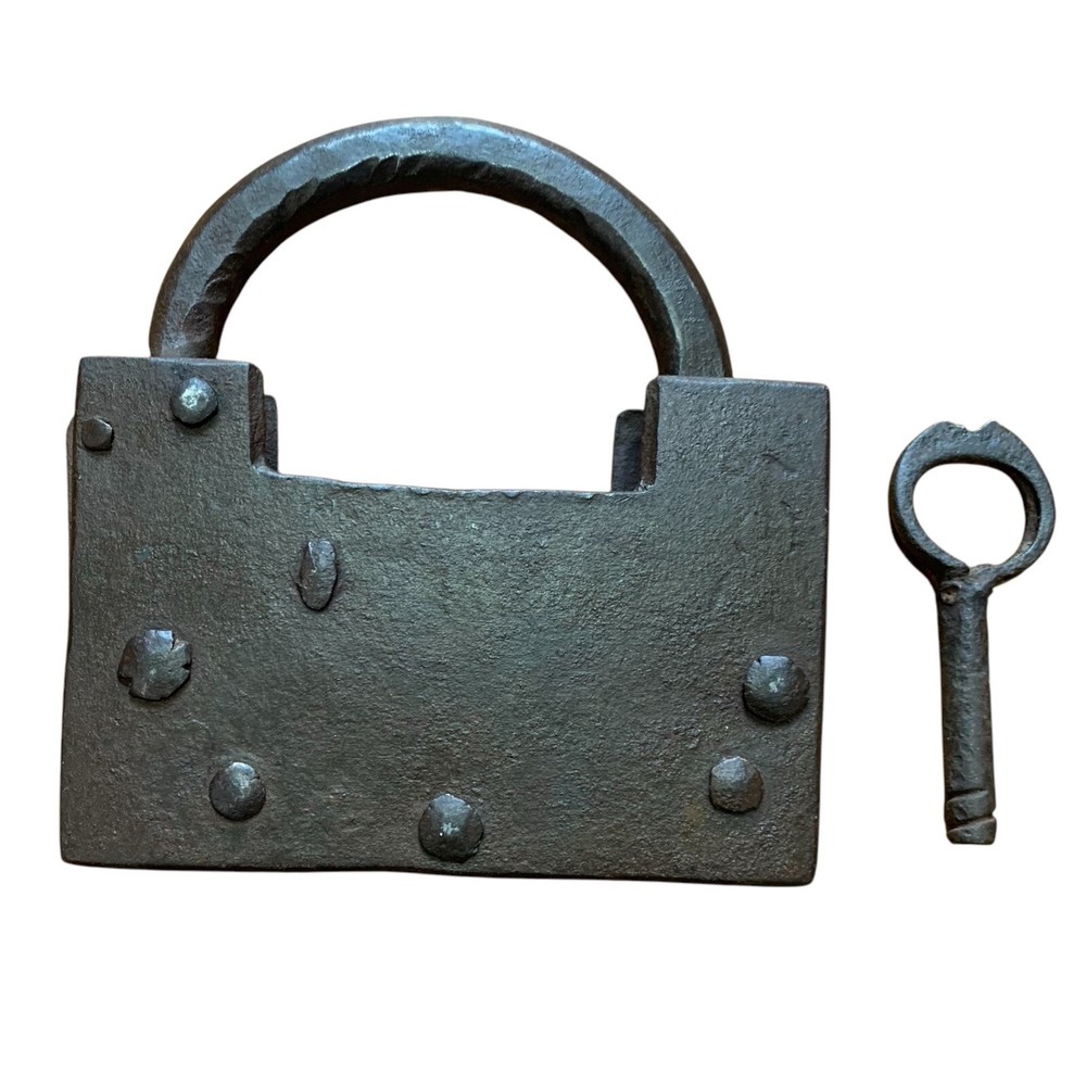 18th C Iron Trick padlock or lock with SCREW TYPE ORIGINAL KEY.