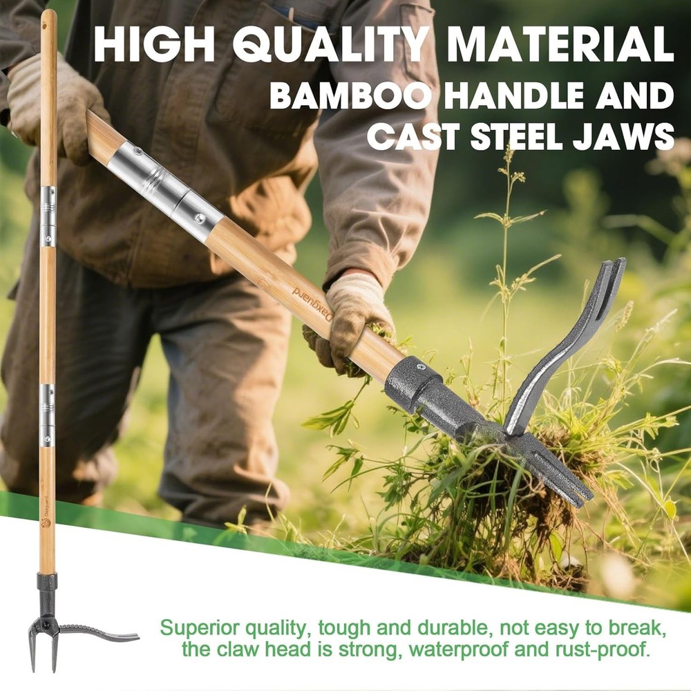 Weed Puller-Stand Up Weed Puller Tool,Adjustable 44-31.5" Bamboo Handle with Hea
