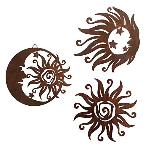 Sun Moon Metal Wall Art - Rust Colored Rust Proof Wall Sculpture Set Sun Face