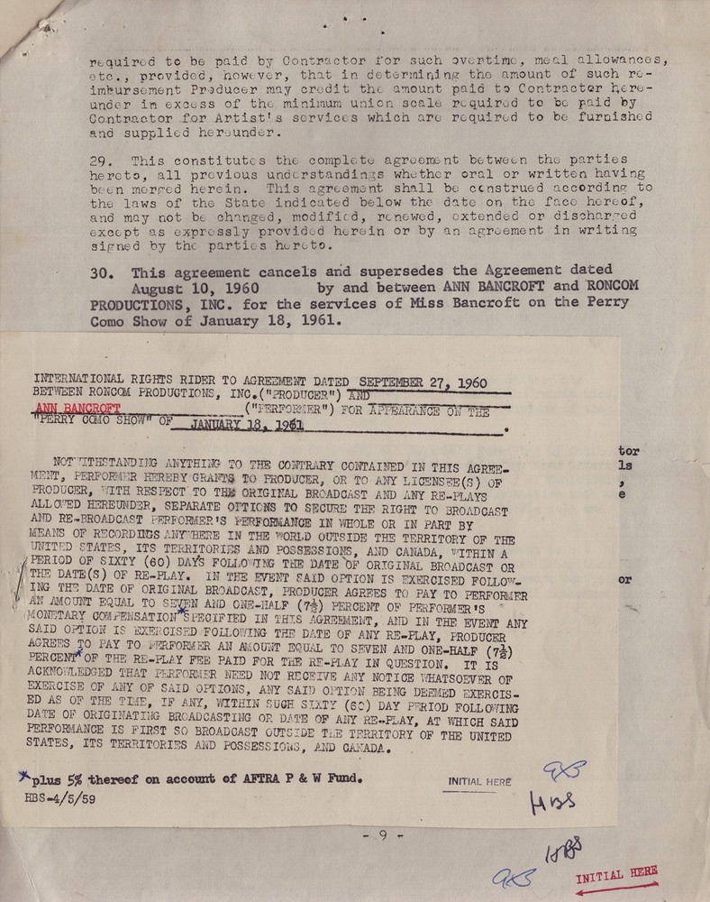 ANNE BANCROFT - DOCUMENT SIGNED 09/27/1960
