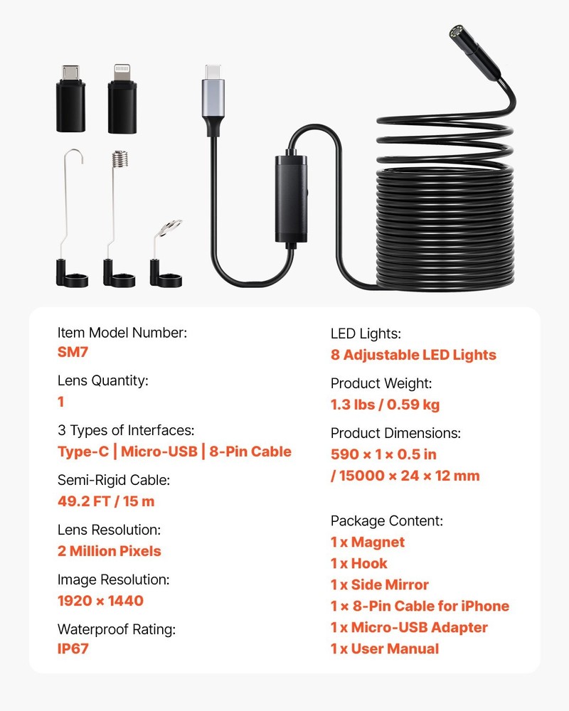 VEVOR Endoscope Camera w/49.2FT Semi-Rigid Cable,1920P HD Borescope for Android