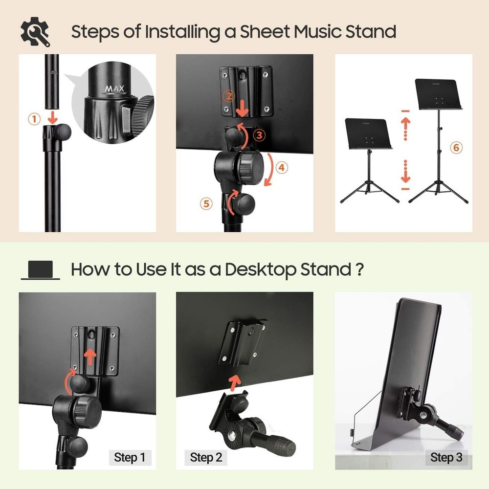 Adjustable Music Stand - Holds Thick Books & Tablets