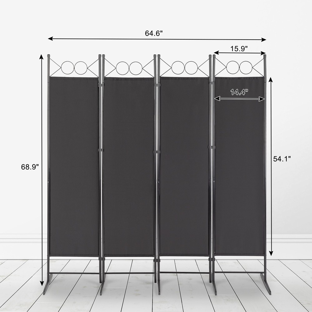 5.74ft Black 4-Fold Privacy Screen,Carbon Steel Frame &Polyester Cloth, Foldable