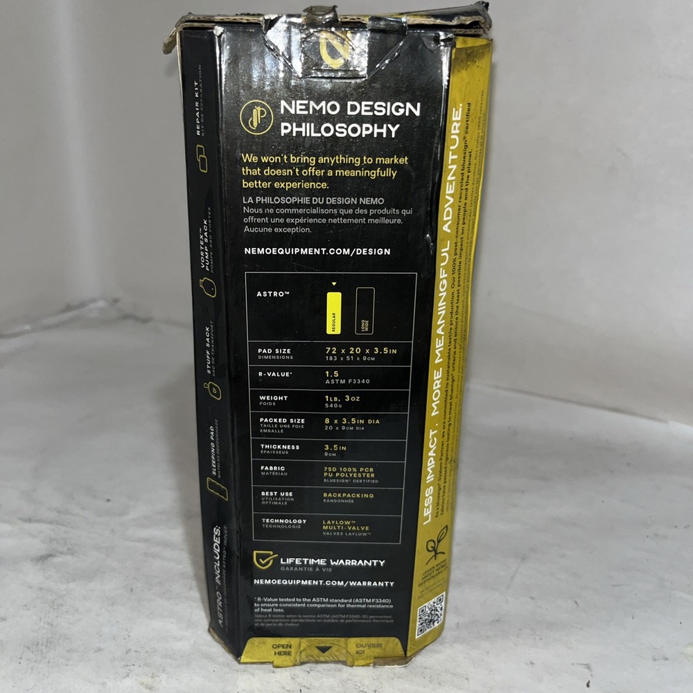 Nemo Equipment Regular Size Yellow Astro Sleeping Bag With Defects