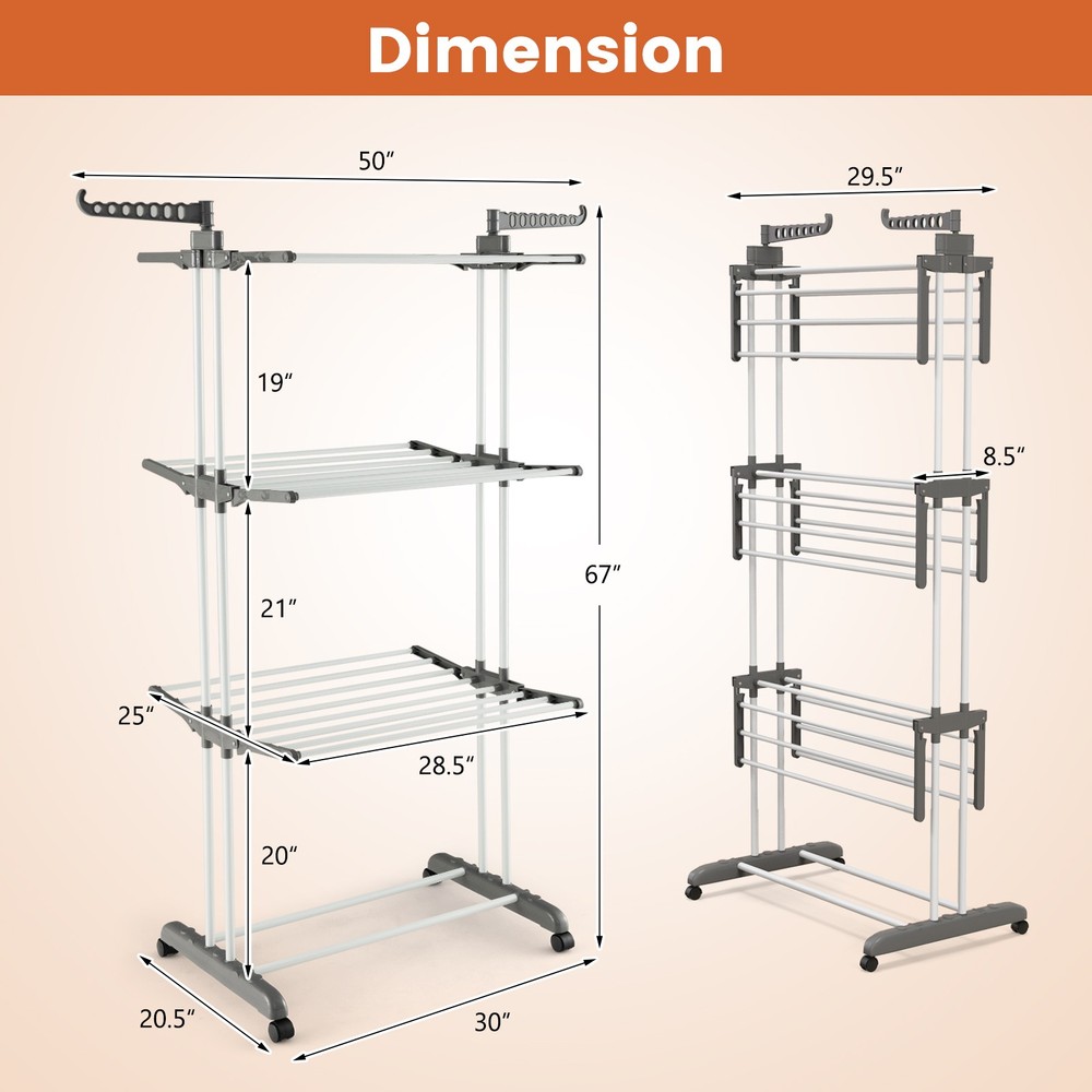 Folding 3-tier Clothes Drying Rack w/ Collapsible Shelves & Rotatable Side Wings