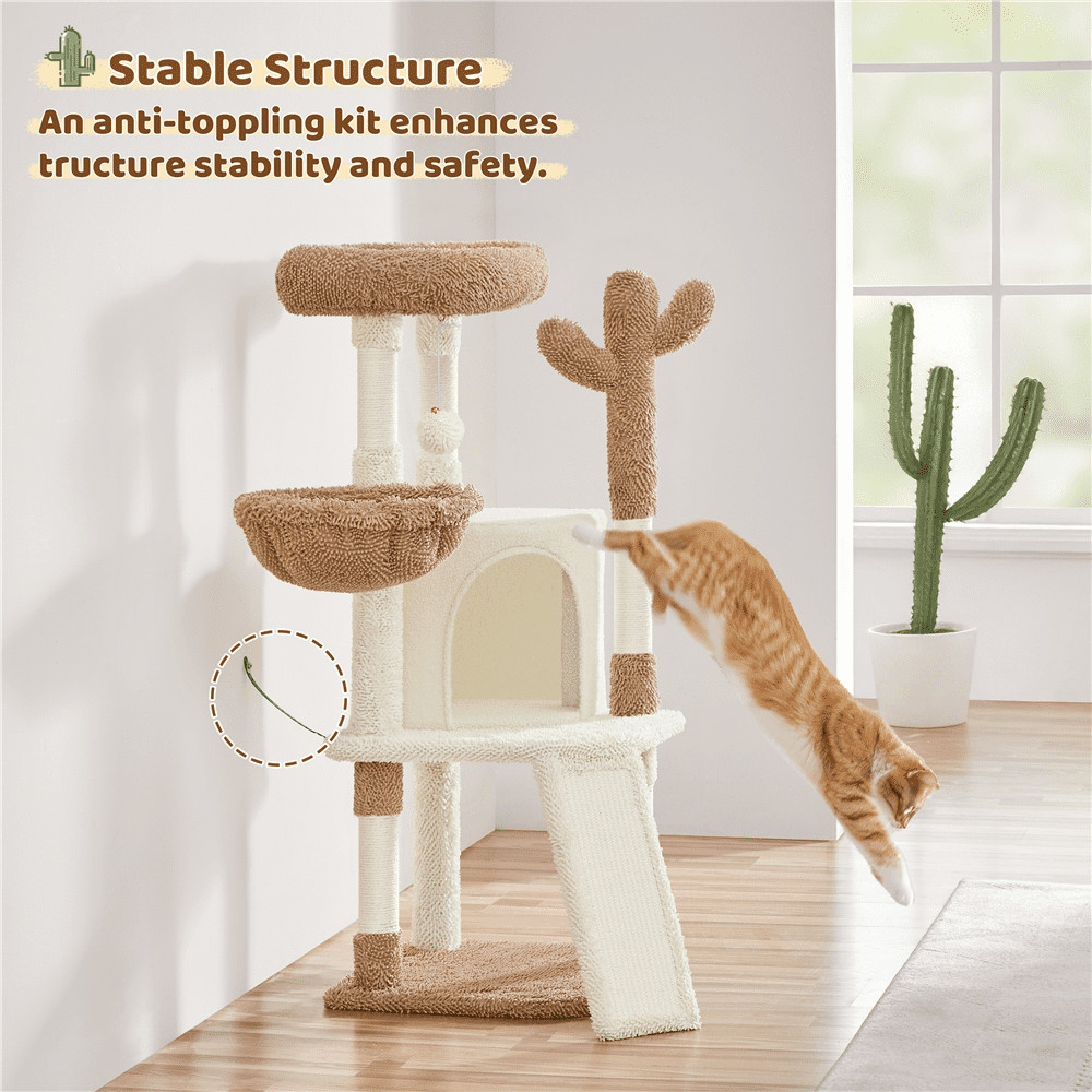 42" Height Cactus Cat Tree W/ Scratching Posts & Platform Beige/Brown