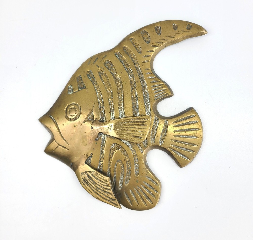 Mid-Century Solid Brass Angelfish Wall Plaque Decor Set