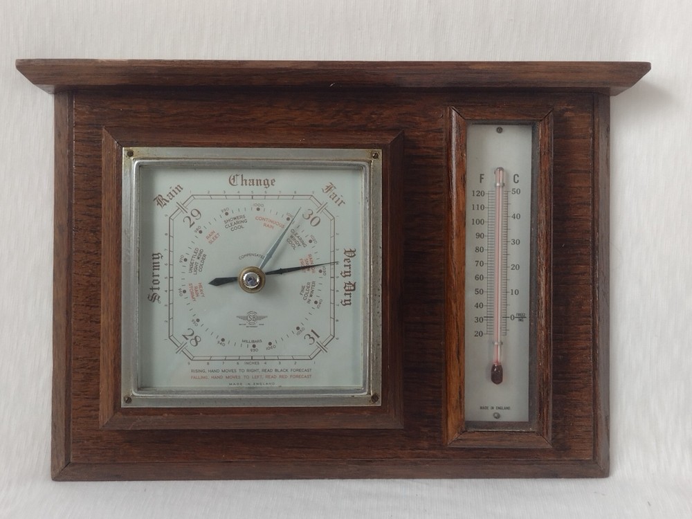 Barometer & Thermometer 1950s Original Rectangular Solid Wood Glass England Made