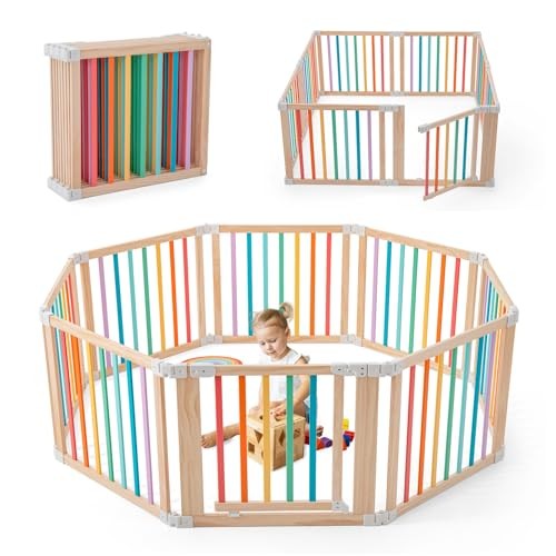 Baby Wooden Playpen, Foldable Shape & Size Adjustable 8 Panel Multicolor
