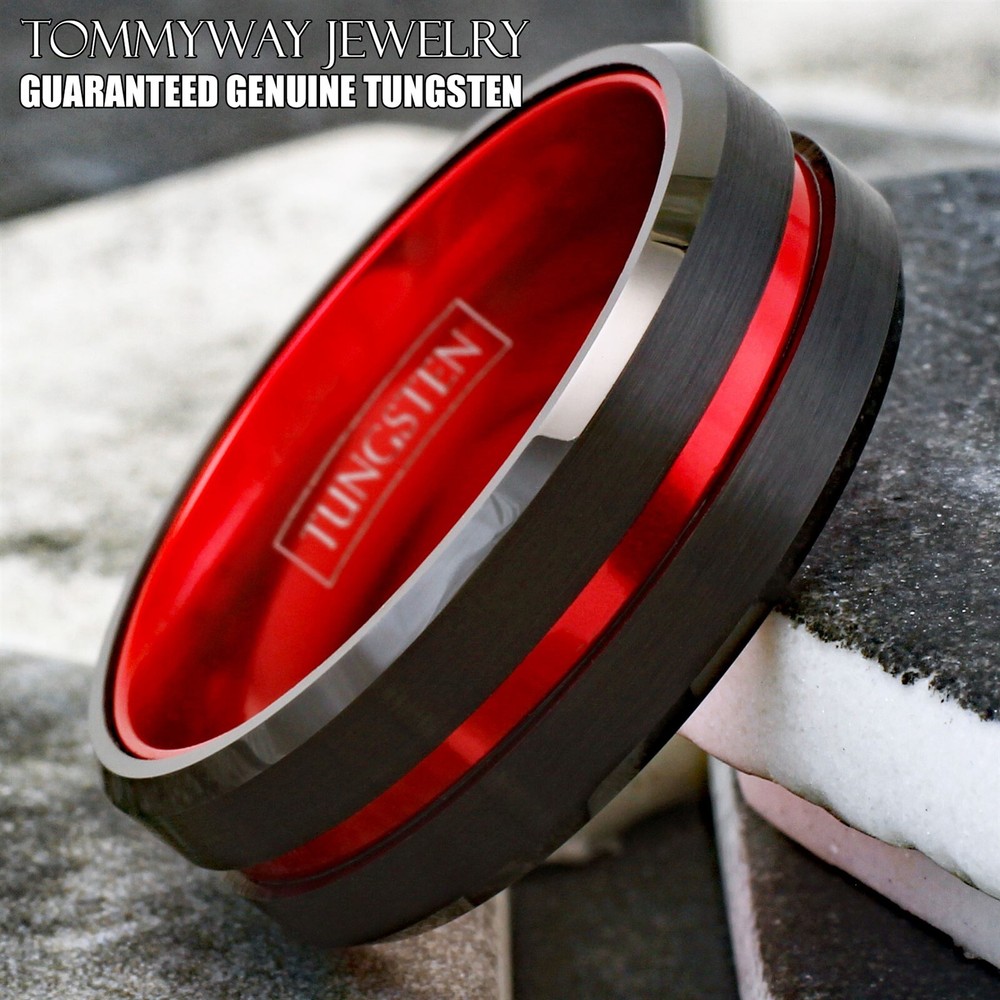 Black Tungsten Carbide Mens Thin Red Line Band Ring-Firefighters First Responder