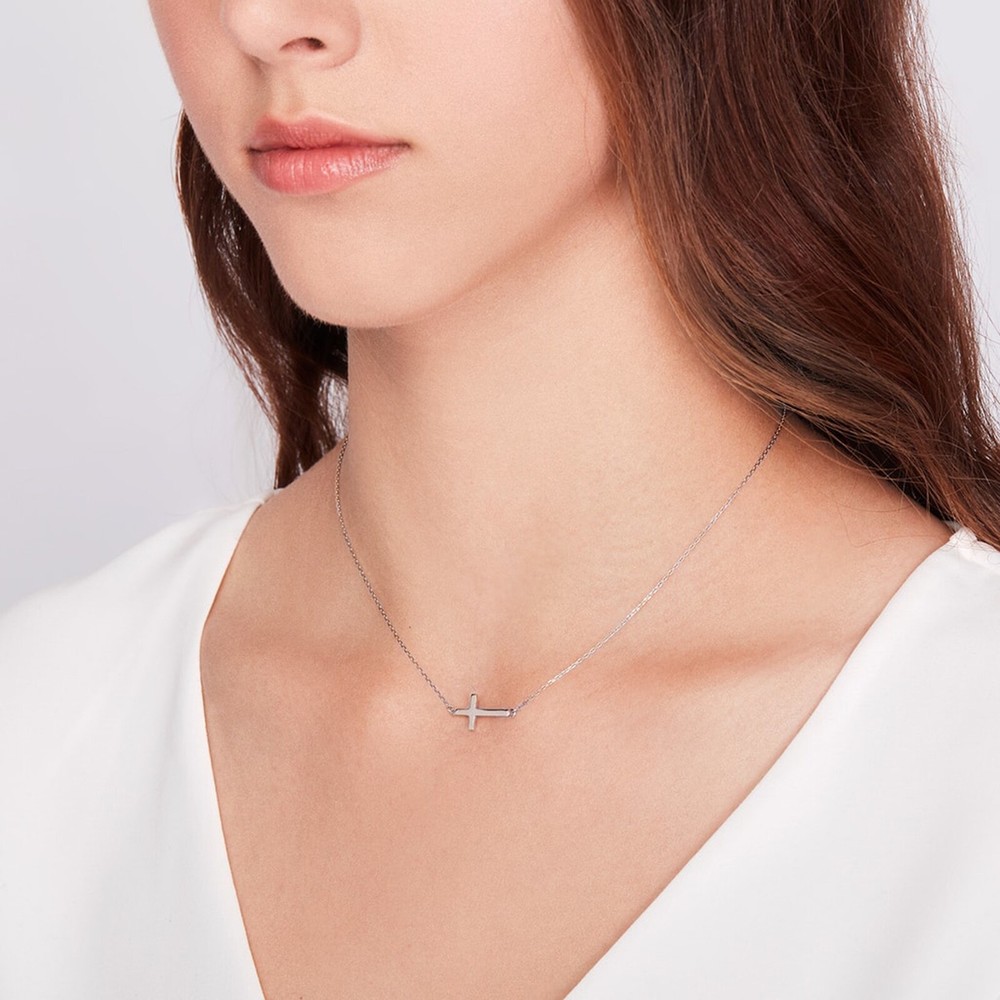 16+2" 925 Sterling Silver Sideway Cross Pendant Necklace