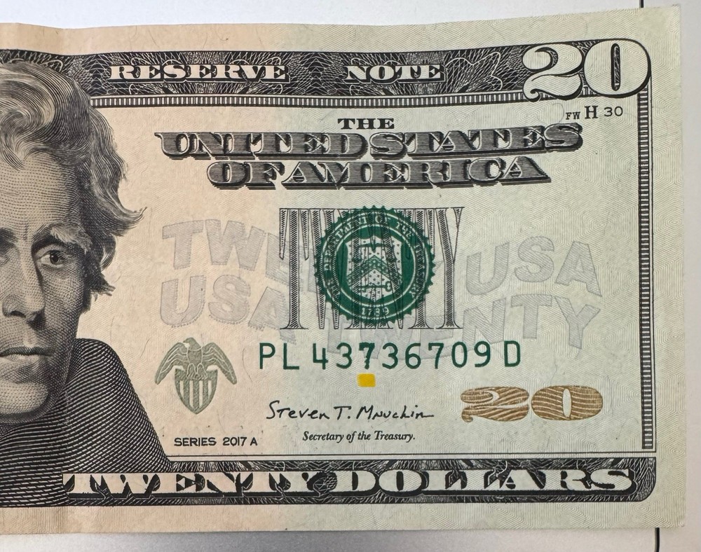 One (1) 2017 $20 Note w/Over-Ink Error on the Upper & Lower #7’s!