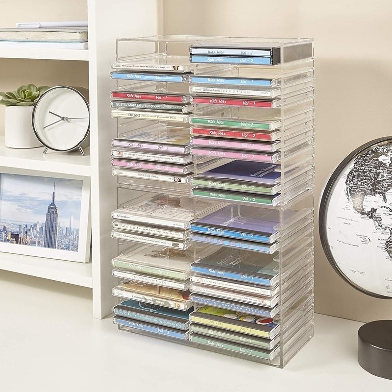 Stackable Clear Plastic CD Organizer w/Rubber Feet Rectangular Jewel Case Holder
