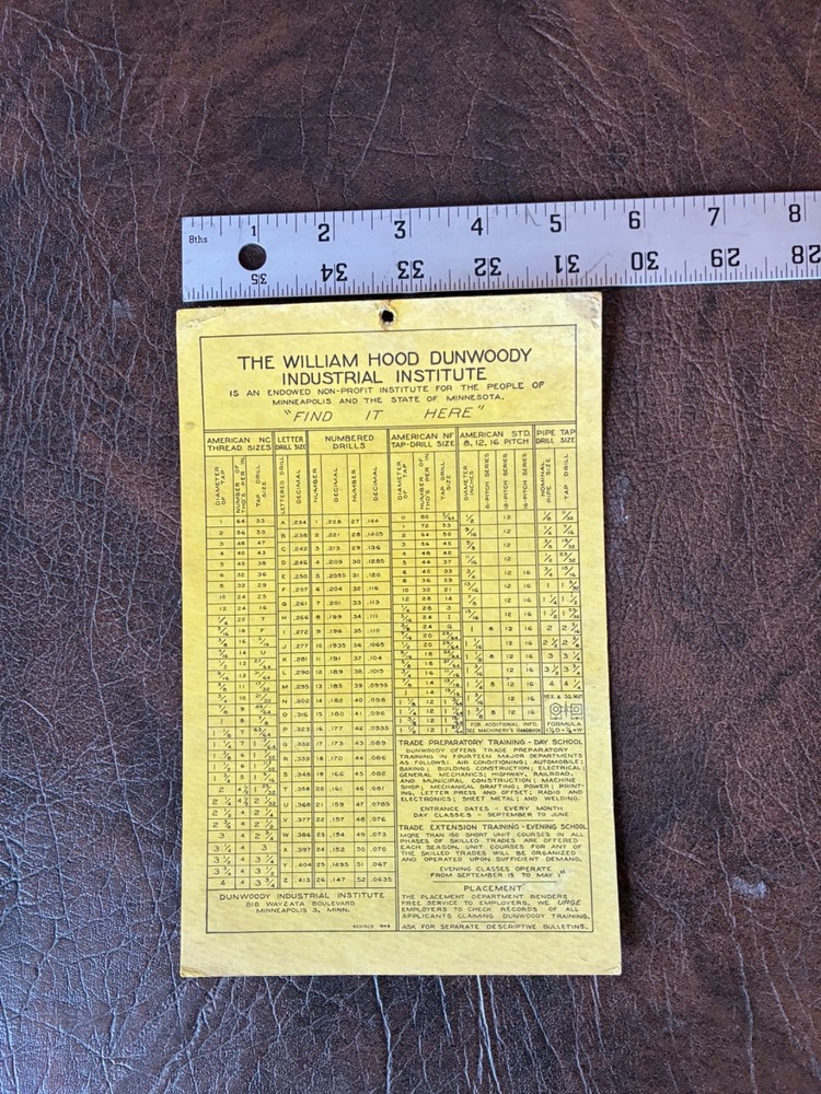 1960's DUNWOODY Info Chart Formulas Decimals Drill Bits Thread Size