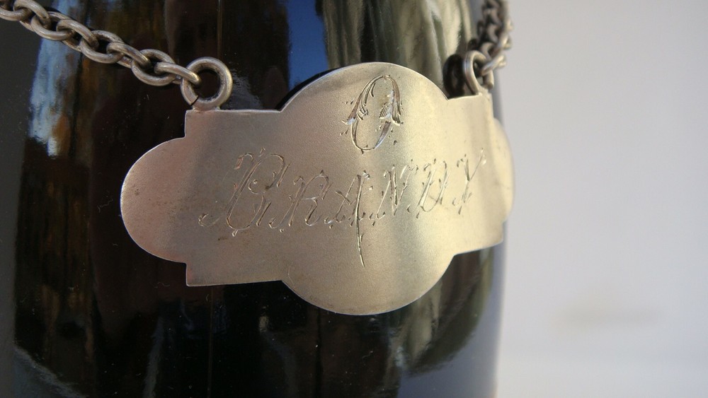 VINTAGE FRANK WHITING STERLING SILVER BRANDY BOTTLE DECANTER TAG