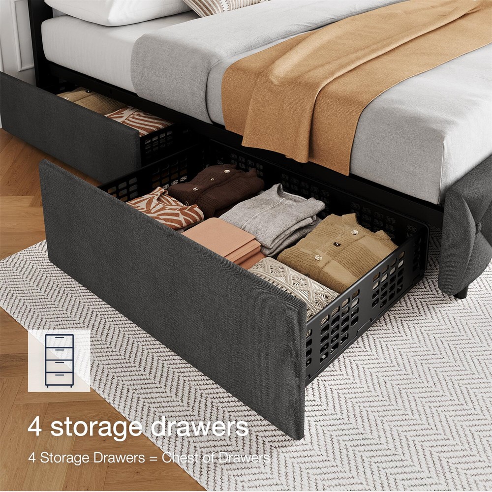 FULL Size Bed Frame with 4 Storage Drawers and Headboard Upholstered Platform