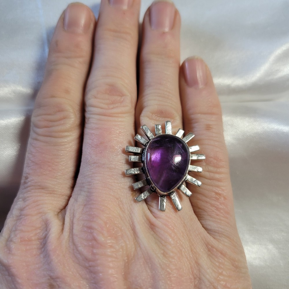 Ring Lot Size 7 Sunburst Teardrop Purple Artisan Brutalist Boho Silver Untested
