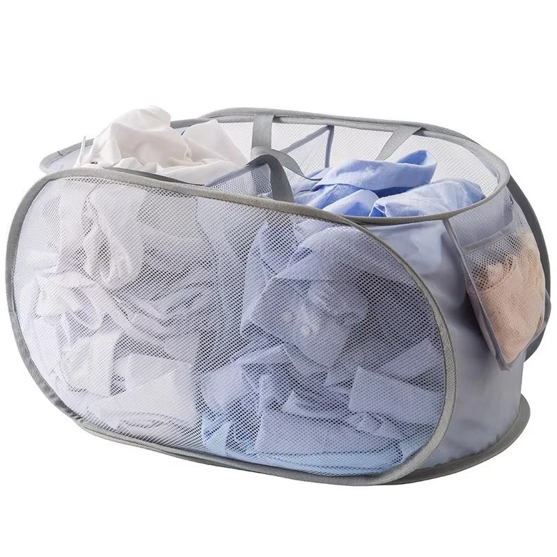 Durable Collapsible Mesh Laundry Basket Pop Up Hamper Foldable with Side Pockets