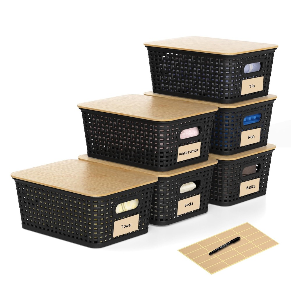 Plastic Storage Baskets with Bamboo Lids and Labels, Stackable Storage Contai...