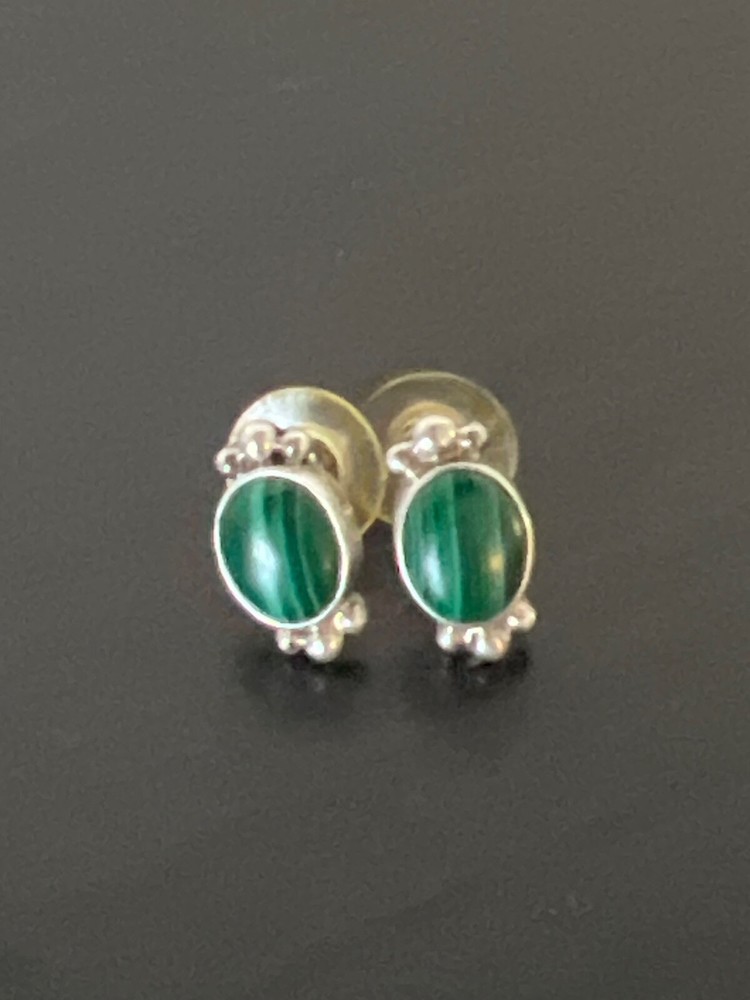 Marked Sterling Silver Small Stud Earrings Malachite Gemstone 925 3.9 grams