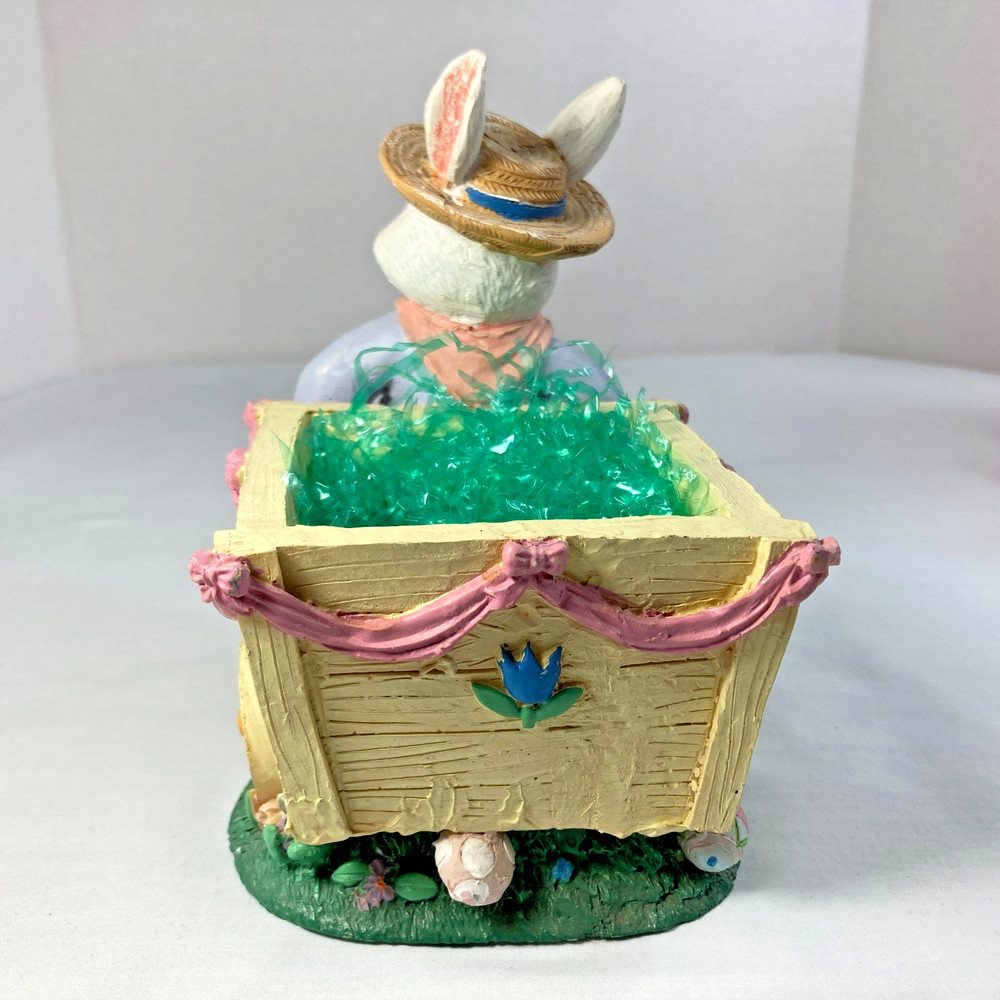 Spring Easter Bunny Figurine Rabbit Straw Hat Blue Overalls Pulling Wheelbarrow
