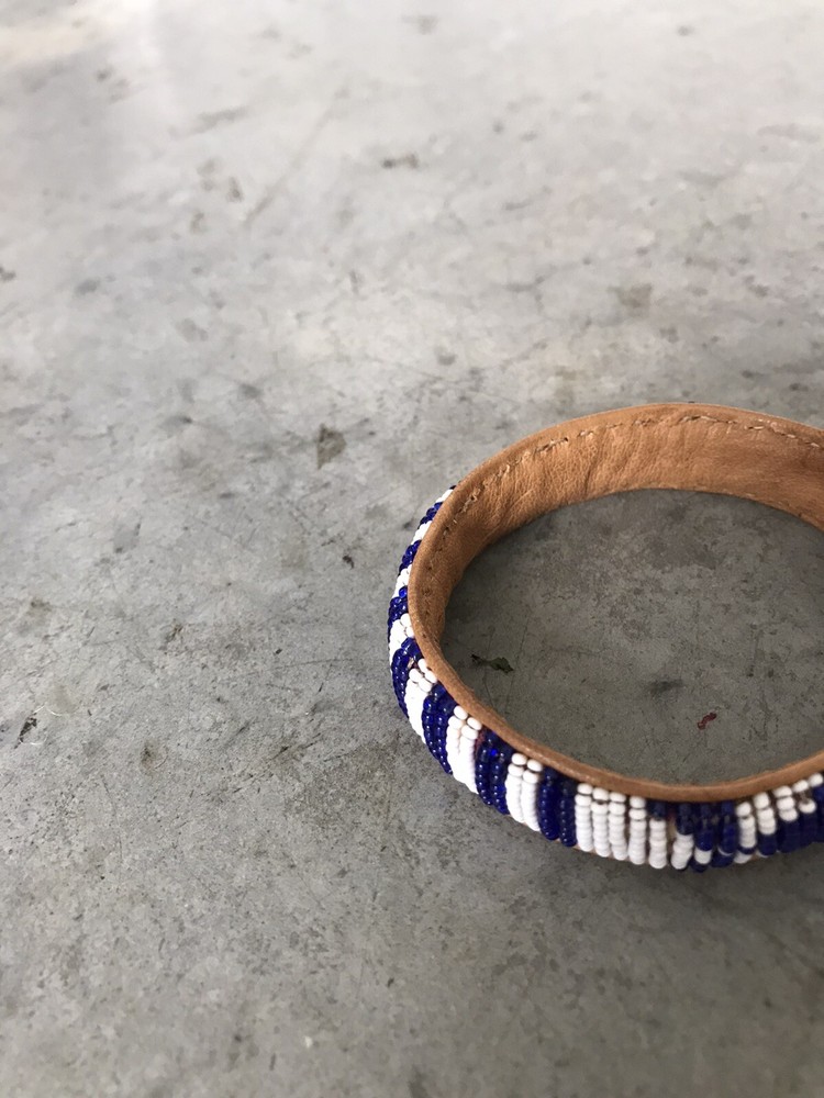 Handmade Blue White Beaded Leather Bangle Bracelet