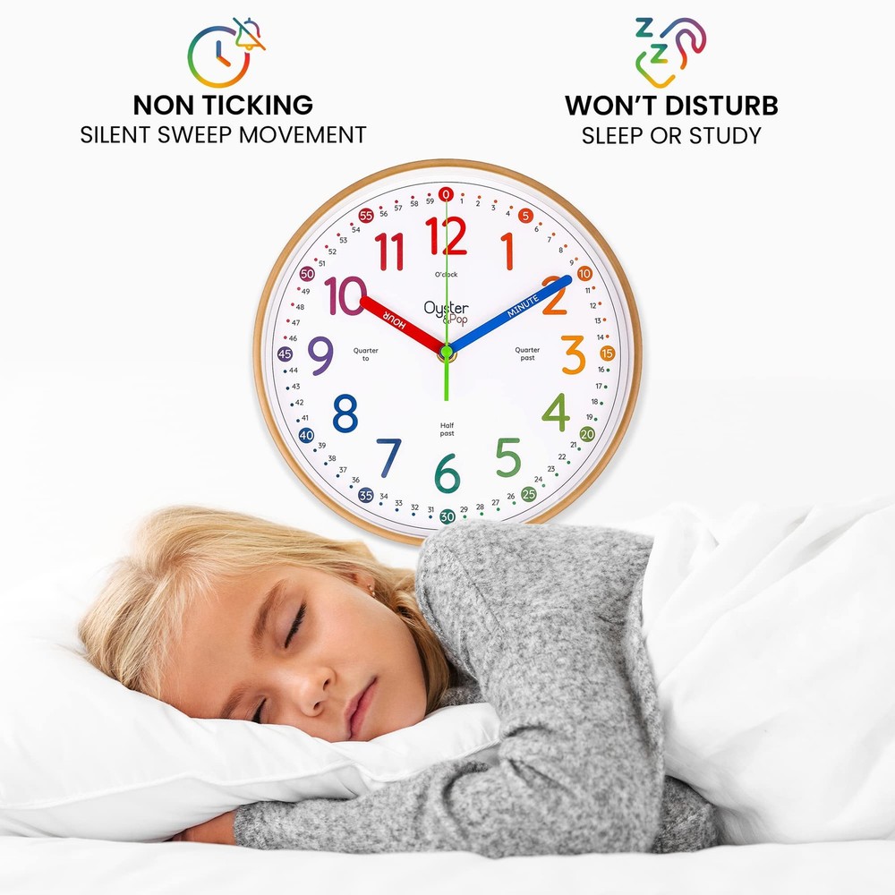 Oyster&Pop Kids Learning Wall Clock - Silent 10 Inch Analog Teaching Clock