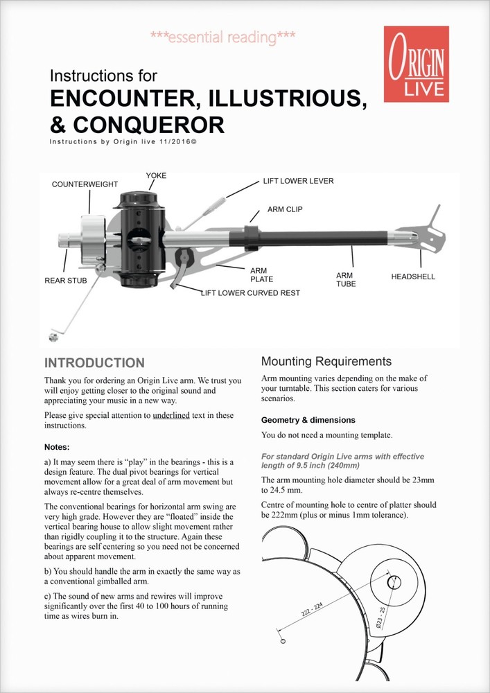 Origin Live Encounter/Illustrious/Conqueror 9.5" Tonearm Alignment Protractor