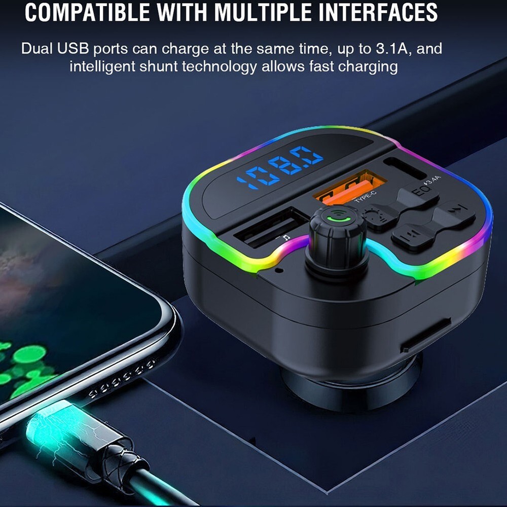 Car Wireless FM Transmitter Adapter USB PD Fast Charger Hands Free LED