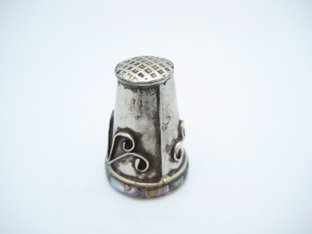 Antique Sterling Silver Sewing Thimble Abalone Inlay Wave Design