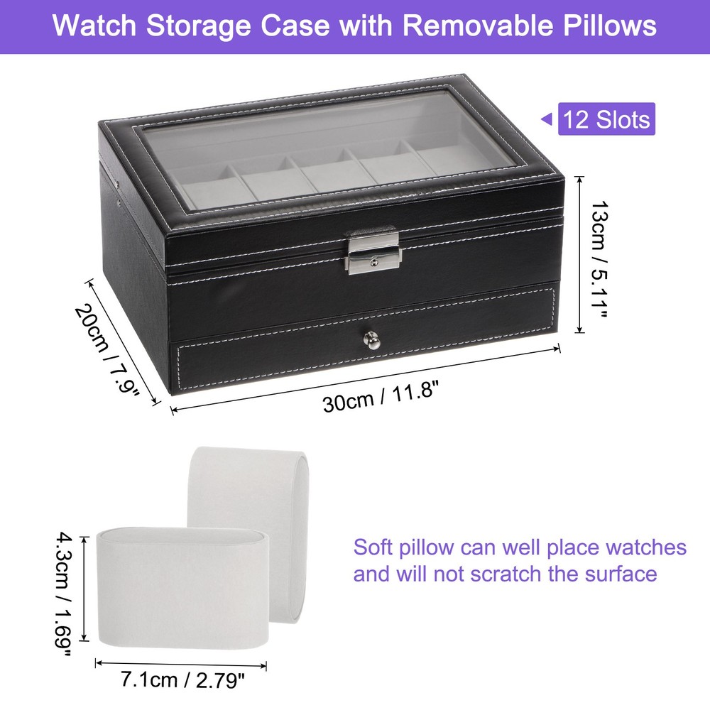 Multipurpose Watch Box 12 Slots 2 Layers with Clear Top PU Leather Display Case