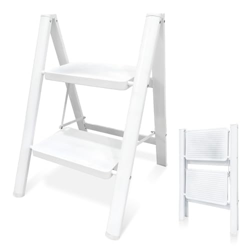 2 Step Folding Ladder Aluminum | White Standing Ladders Foldable - Two Step L...