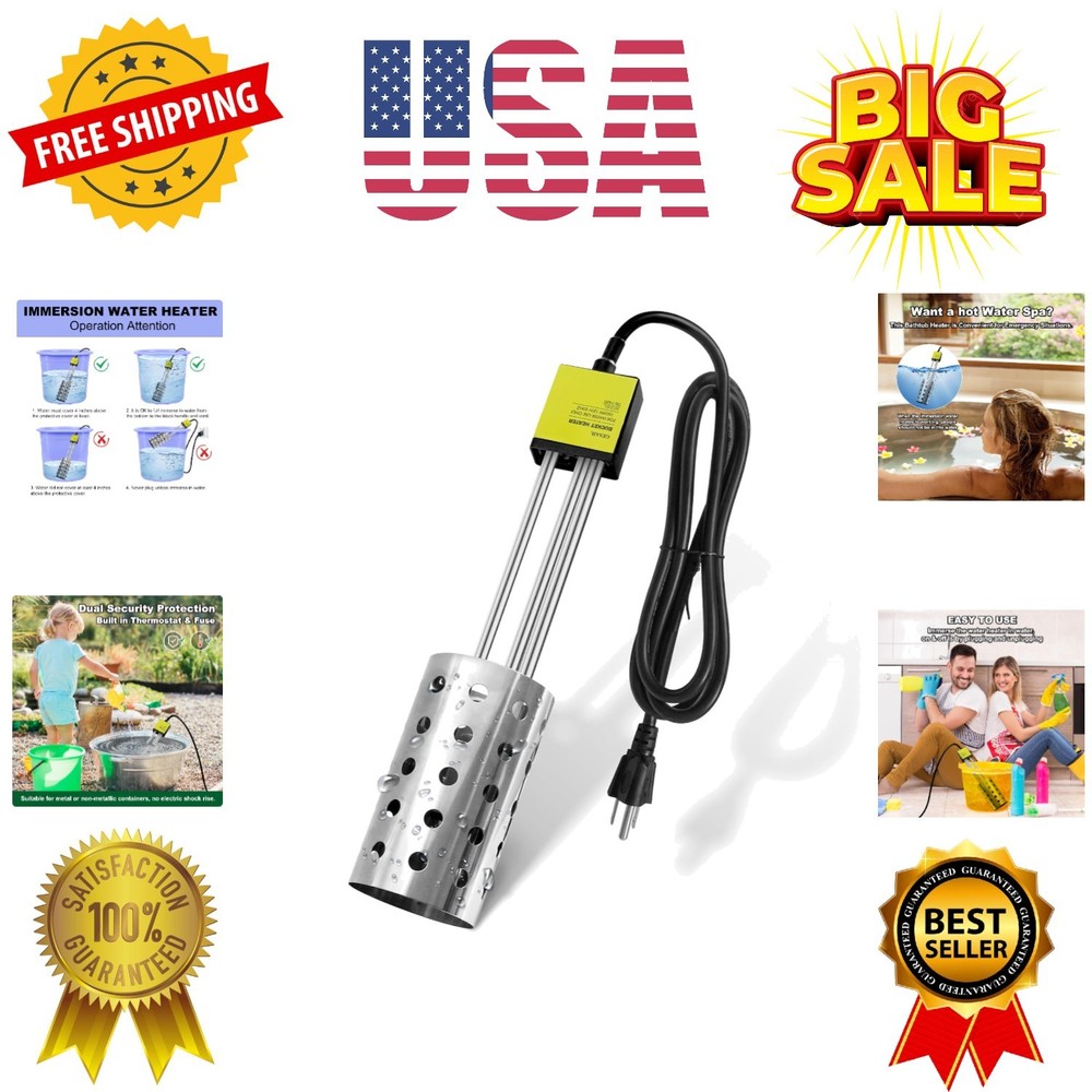 1500W Immersion Heater, Bucket Water Heater with 304 Stainless-Steel Guard, S...