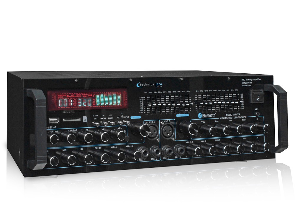 Technical Pro MM2000BT Active Bluetooth Karaoke Mixer Amp SD, USB+(2) Mics+Stand