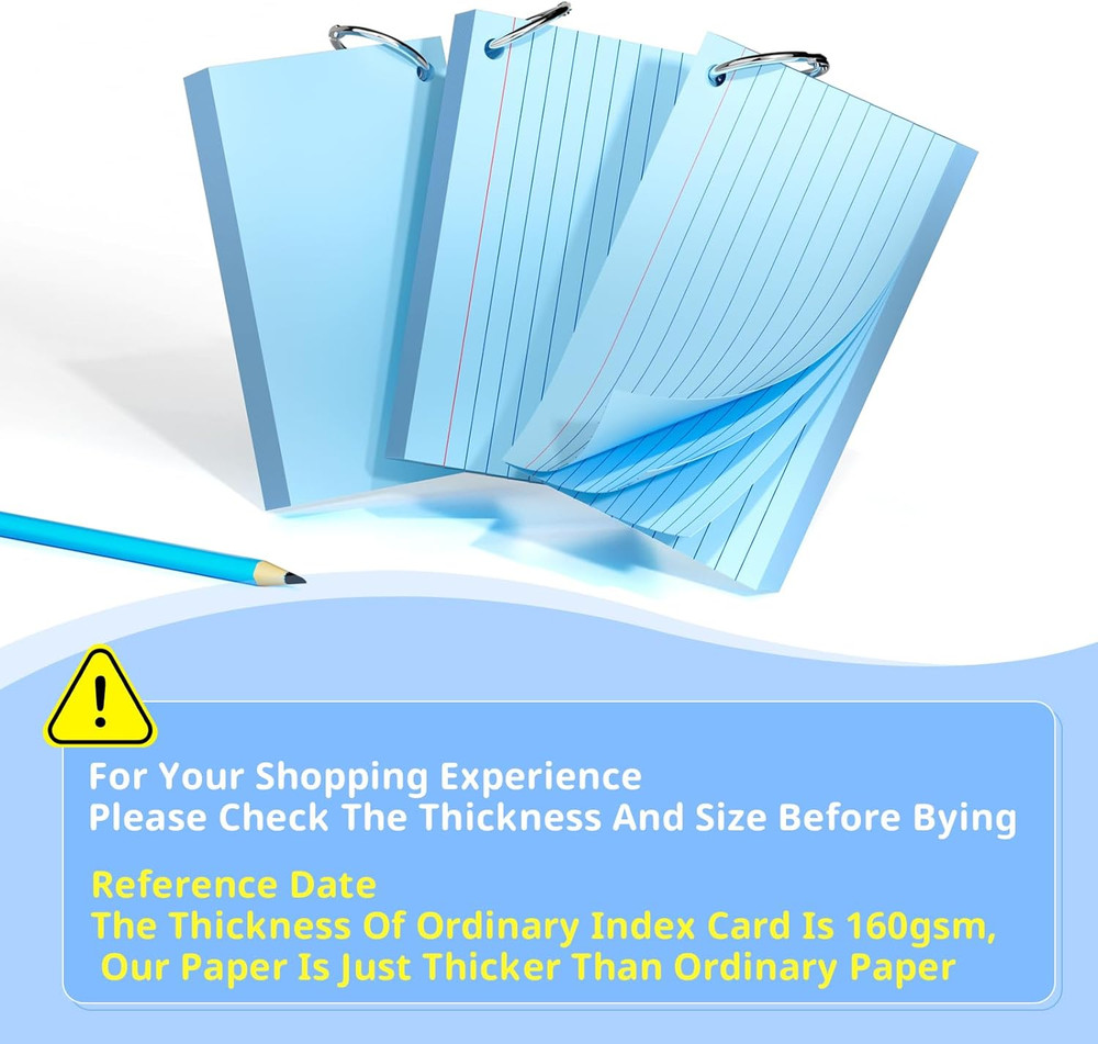 Index Cards 3X5 Inches, 300 PCS, Blue Flash Cards with Ring, Punched Lined Study