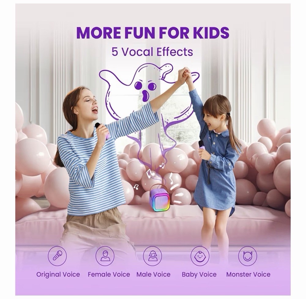 Mini Wireless Karaoke Machine for Kids w/ 2 Microphones Bluetooth Speaker