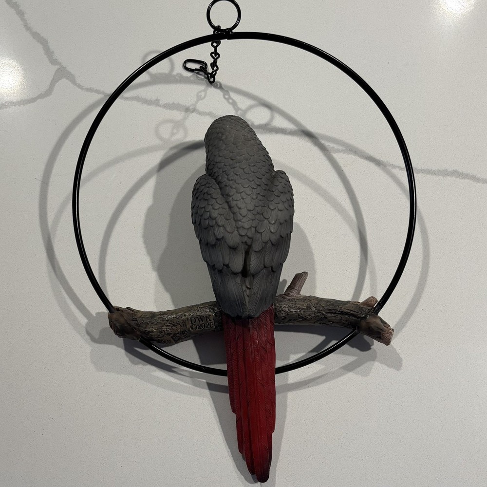 (2) Hanging Congo African Grey Parrot Perching On Branch & Embroidered Patch