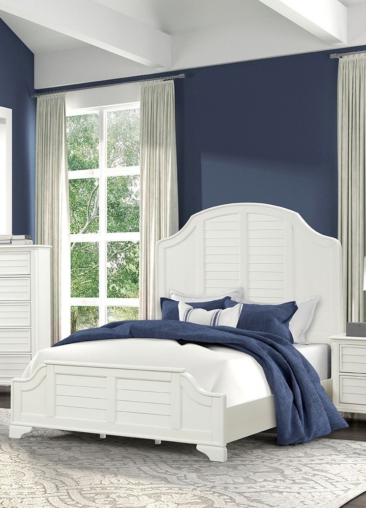 Antique White Coastal Transitional Queen Size 1pc Panel Bed Frame Set Headboard