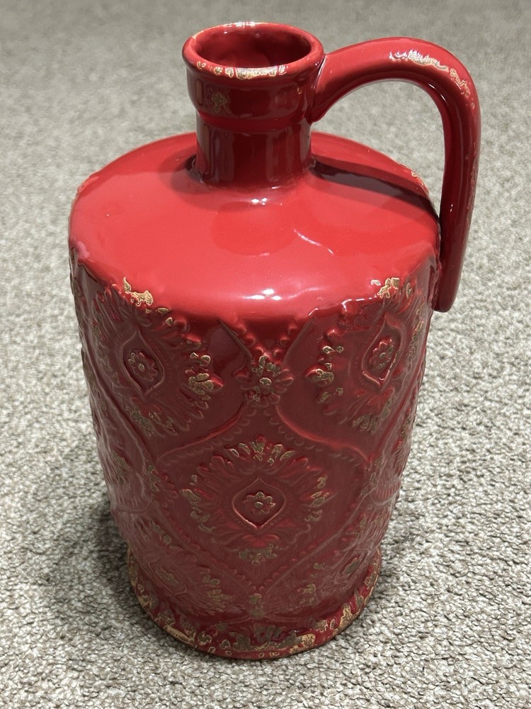 Red Light Brown Weathered Pottery Stoneware Pitcher With Handle 7”x13”