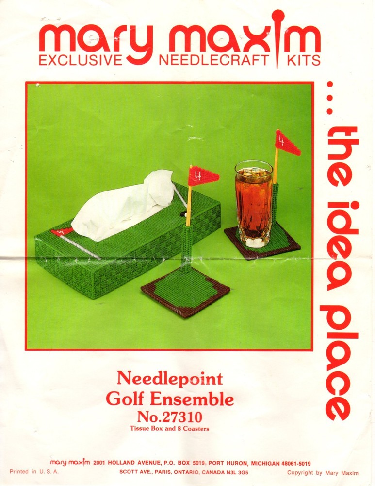 GOLF ENSEMBLE- COASTERS & TISSUE COVER  7ct plastic canvas  PATTERN  (#TF0287)