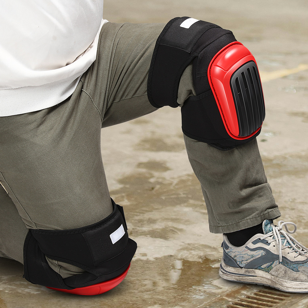 Pair Adjustable Strap Top Knee Pad Red 600D Polyester Mesh Hard Shell Protection