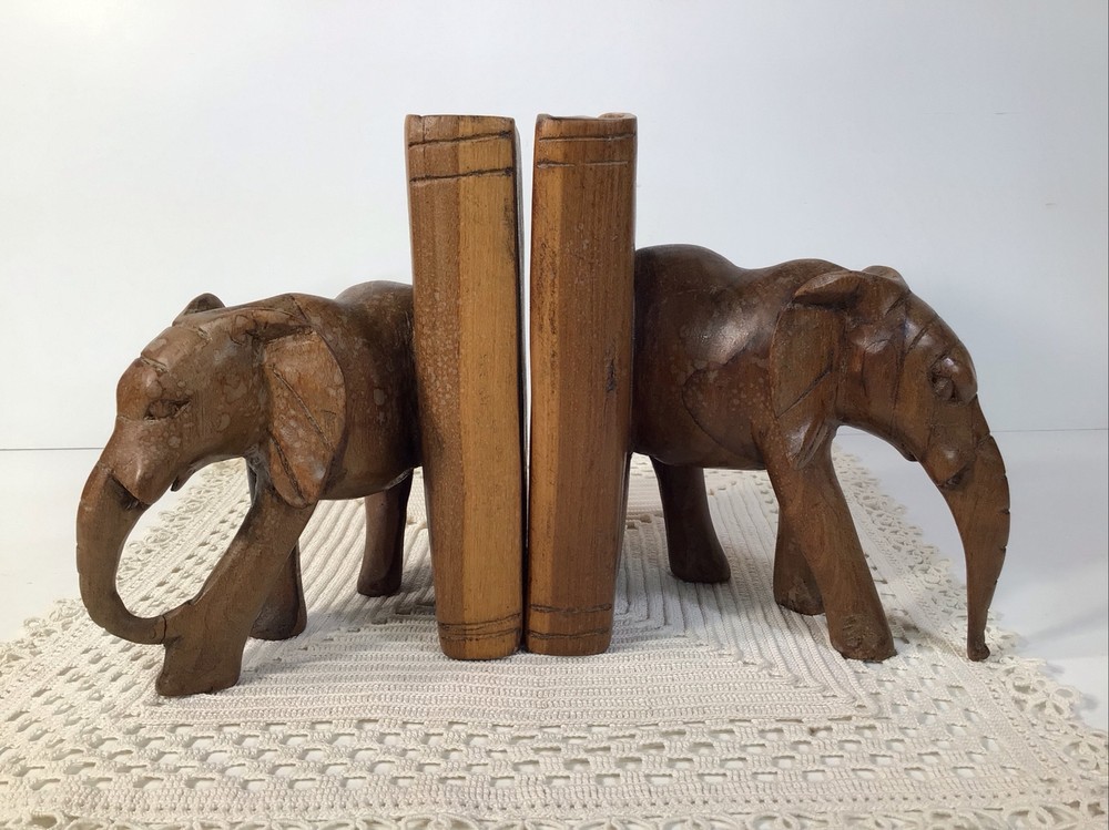Elephant Bookends~Hand Carved Solid Wood~6” Tall~