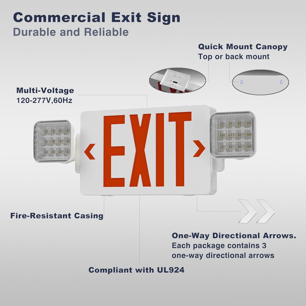 Exit Signs with Emergency Lights, Adjustable Double Head - Hardwired with Batter