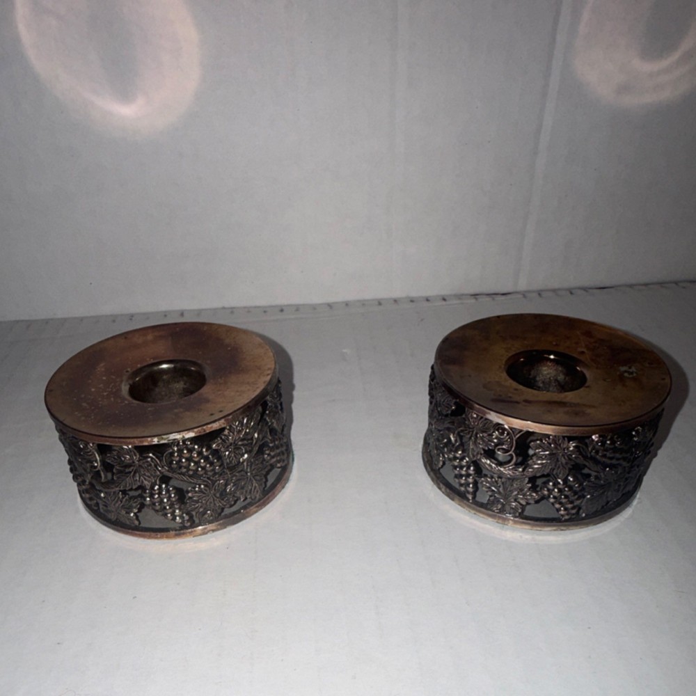 Silverplate Grape Motif Wine Bottle Coasters Pair Antique