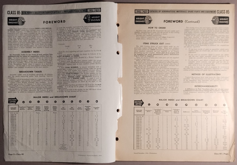 1944 Wright Aircraft Engine Class 85 Parts Book Catalog US Navy B2-76