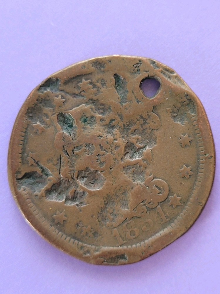1854 Braided Hair US Large Cent Smashed With A Hole