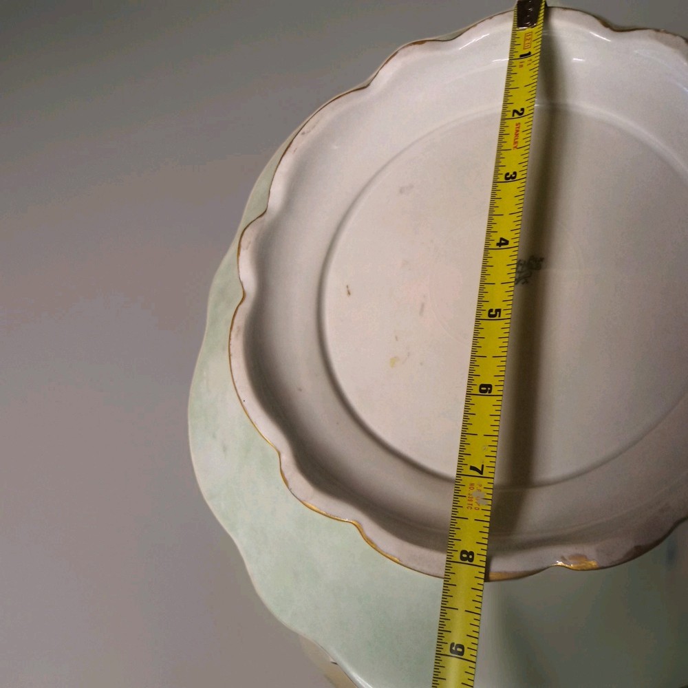 Vtg Ceramic Top 13"×3" Cake round8" booted Stand GreenPink Rose Pattern.