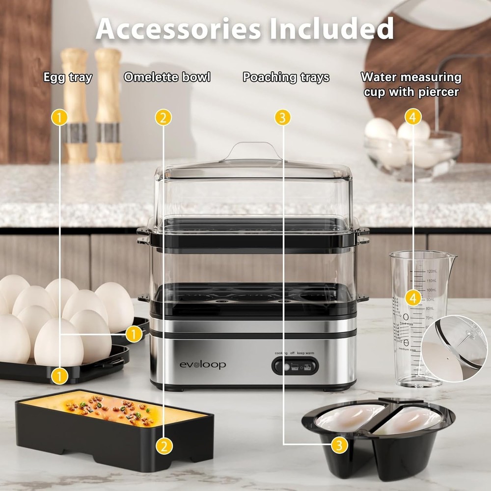 Evoloop Rapid Egg Cooker Electric 12 Eggs Capacity, Soft, Medium, Hard Boiled, P