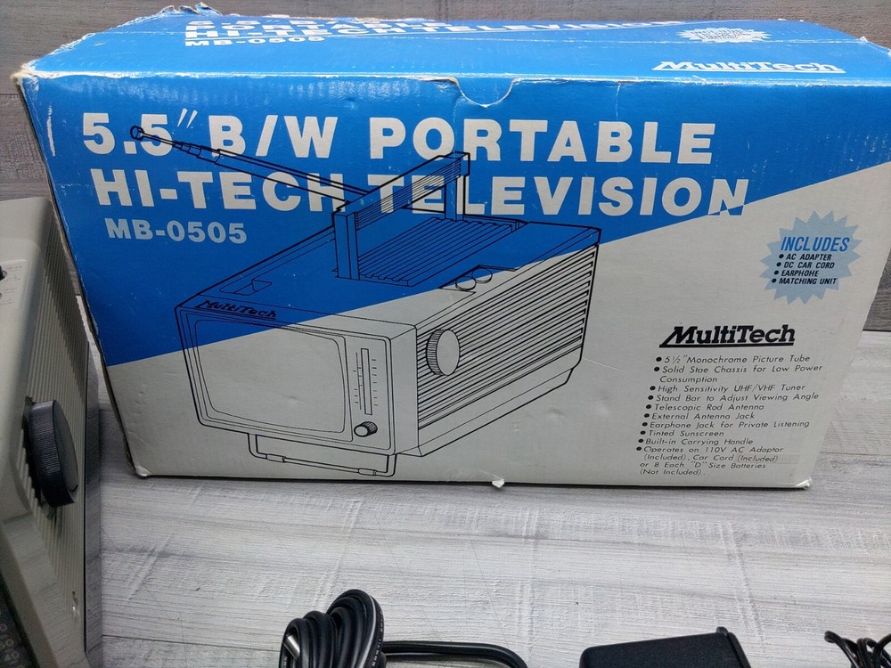 MultiTech 5.5" B/W Portable HI-TECH TELEVISION MB-0505, Cords, Box, Styrofoam.